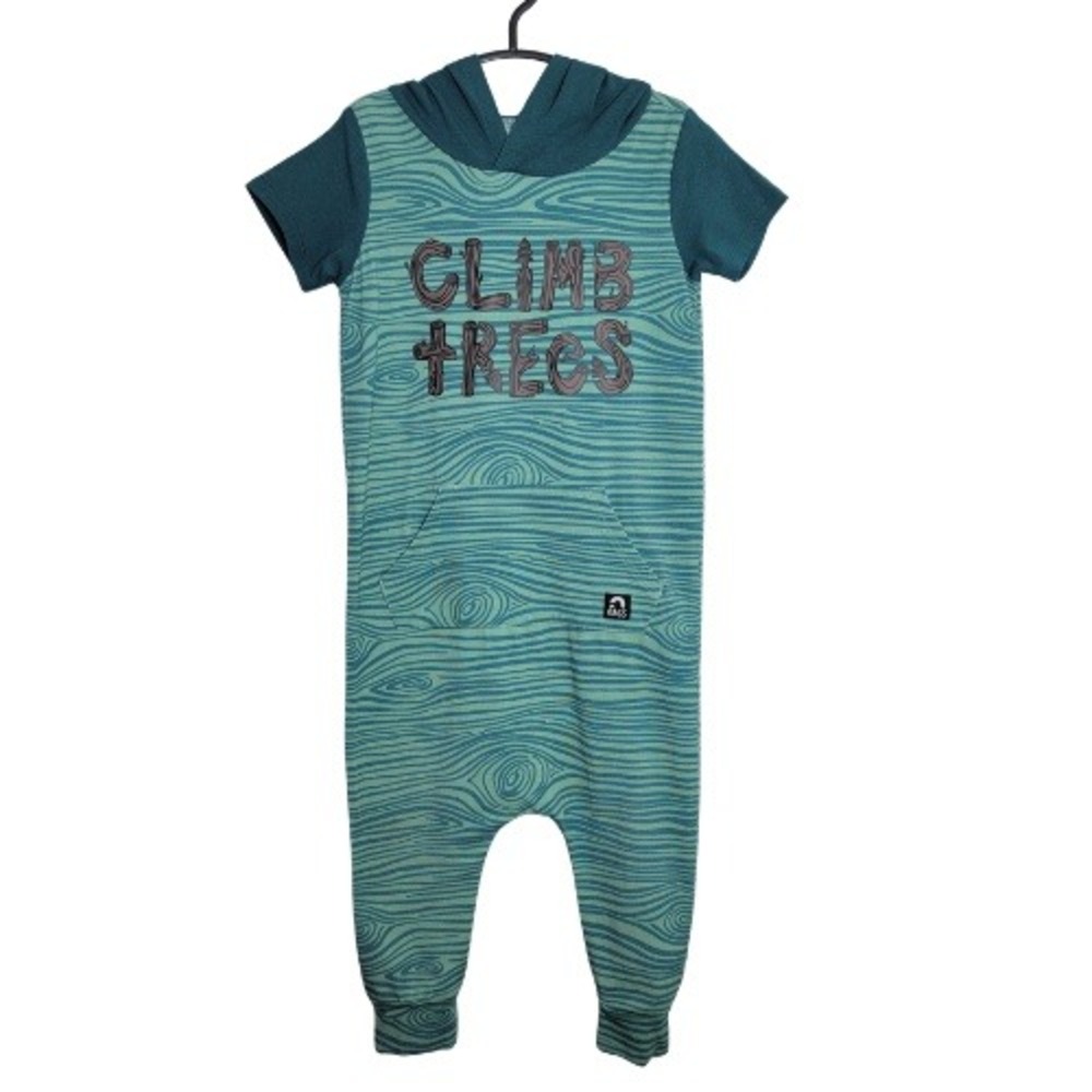 Rags Kids 2T Hooded Romper Teal Green Wood Grain Climb Trees Short Sleeve